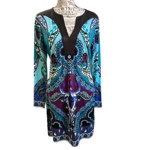 Hale Bob S Jersey Dress Faux Leather V Neck Purple Blue Turquoise NWT